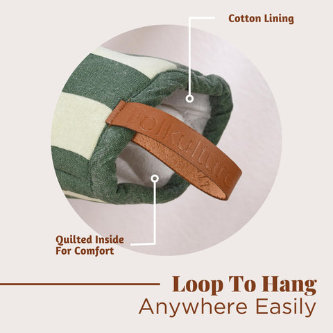Folkulture oven mitts feature a hanging loop for easy storage.