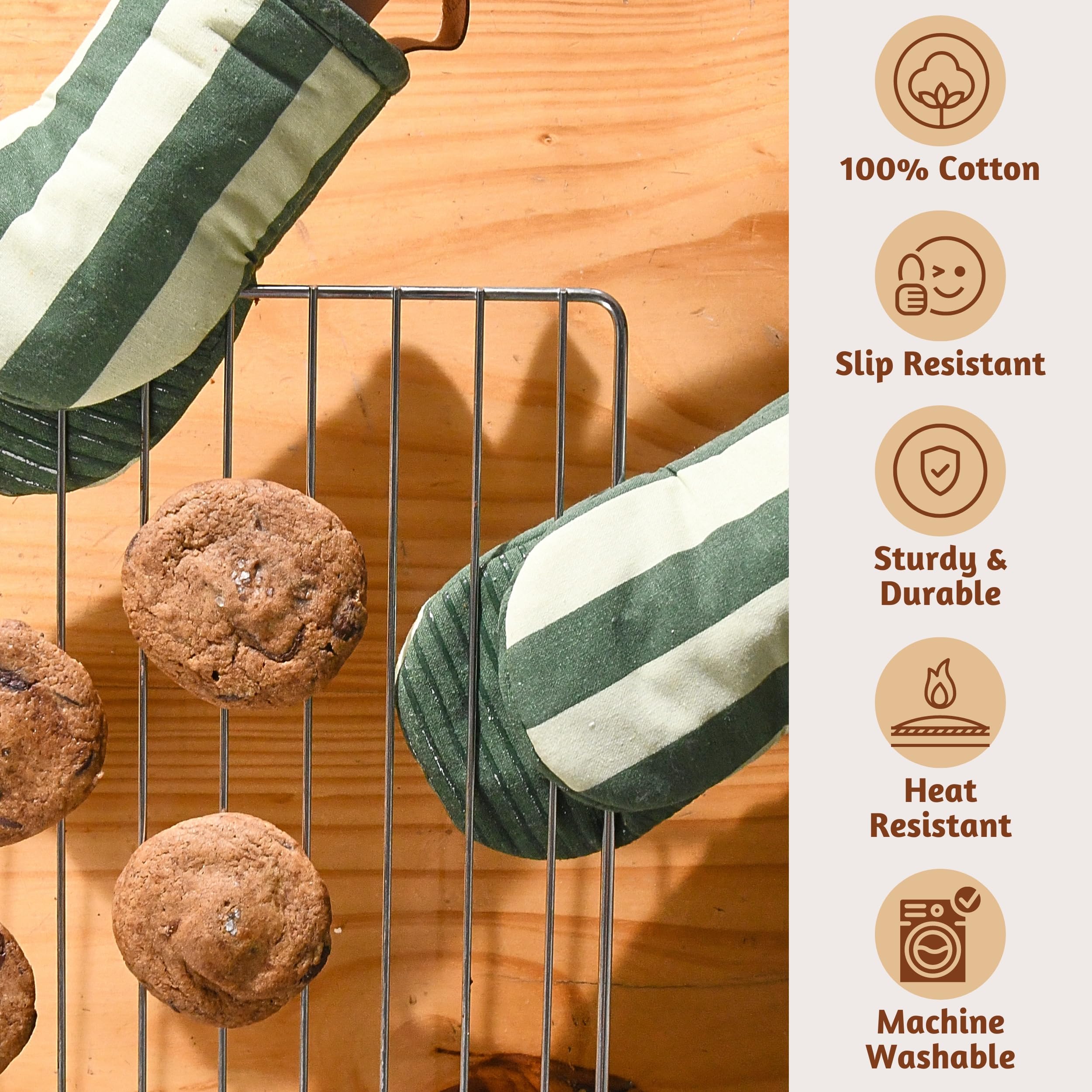 Folkulture oven mitts with durable cotton and silicone layer for lasting kitchen use.