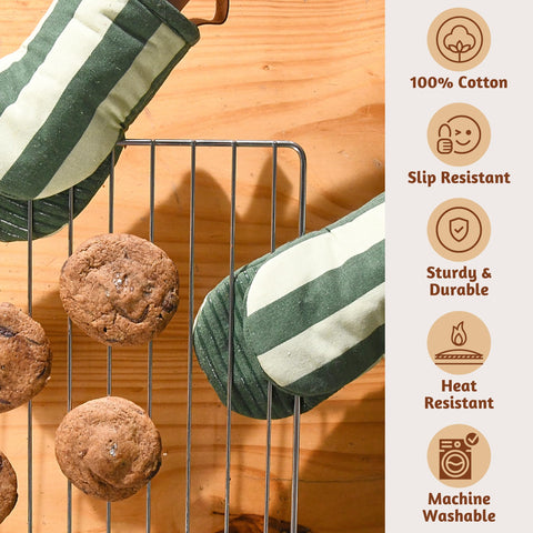 Folkulture oven mitts with durable cotton and silicone layer for lasting kitchen use.