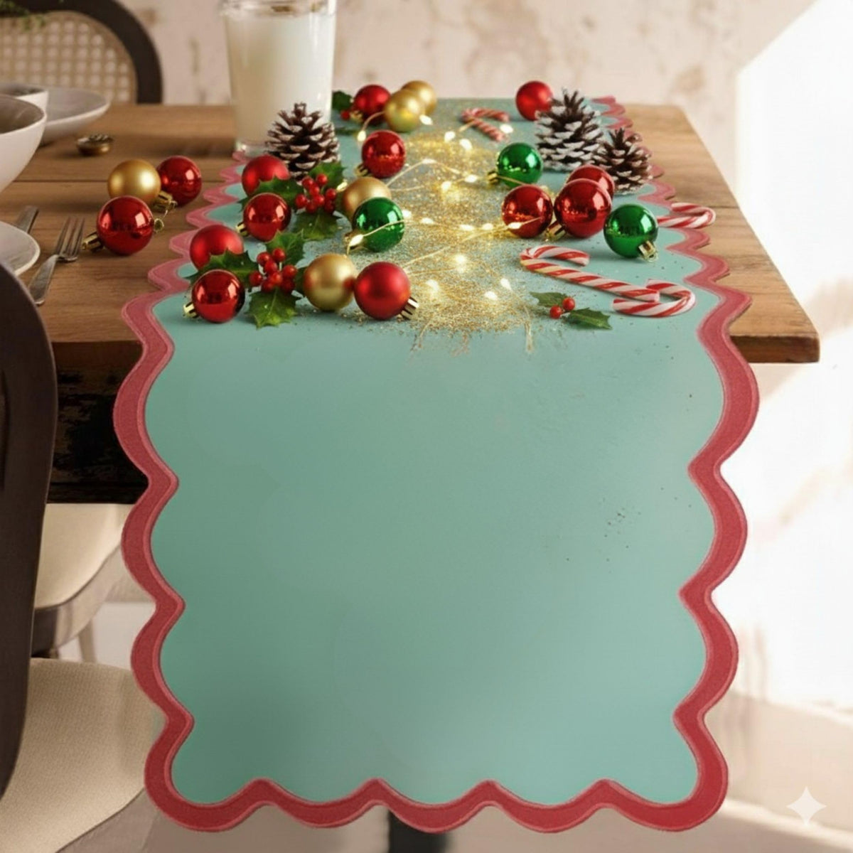 Folkulture table runner 90-inch green checkered on dining table enhances casual meals.