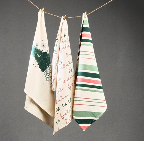 Folkulture tea towels during cleaning spills in cozy kitchen