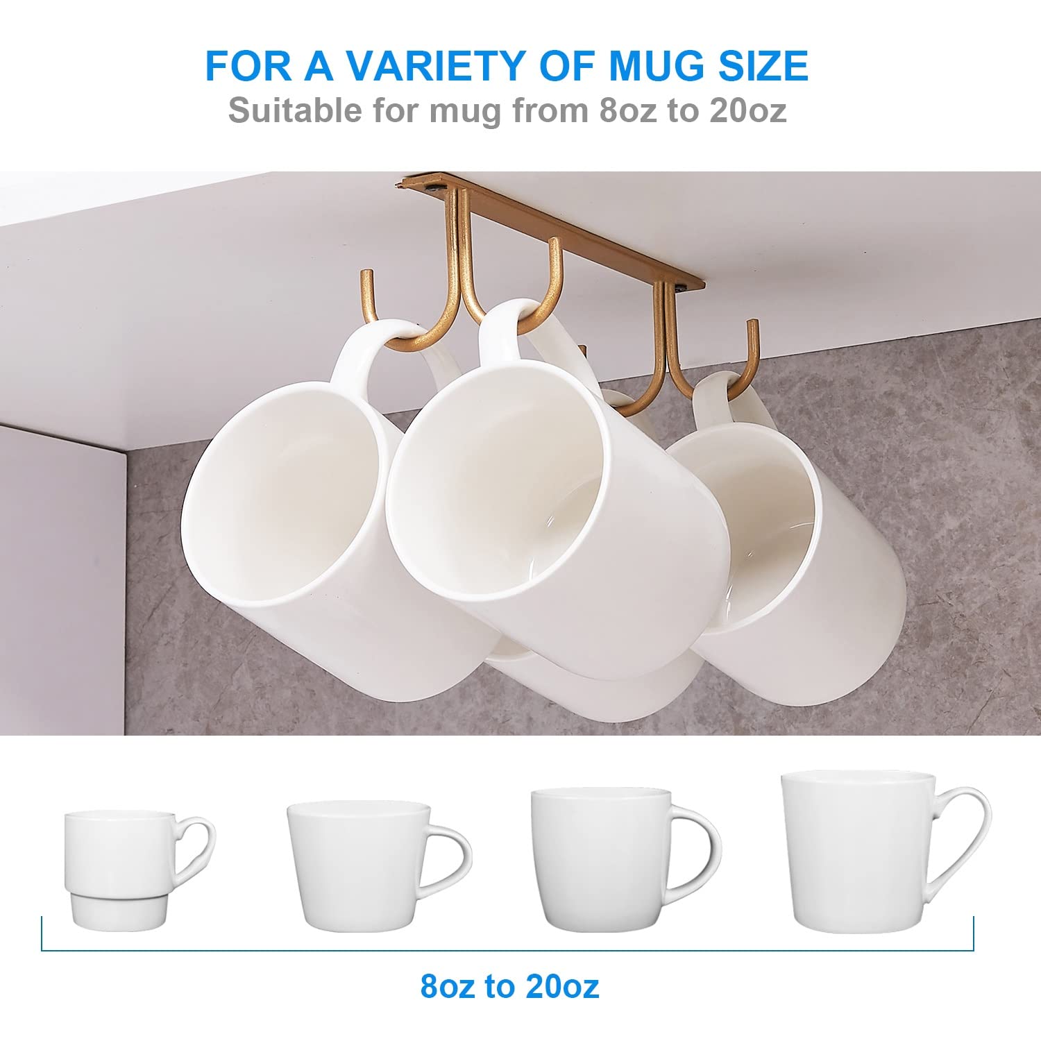Under cabinet kitchen organizer mounted under shelf for mugs