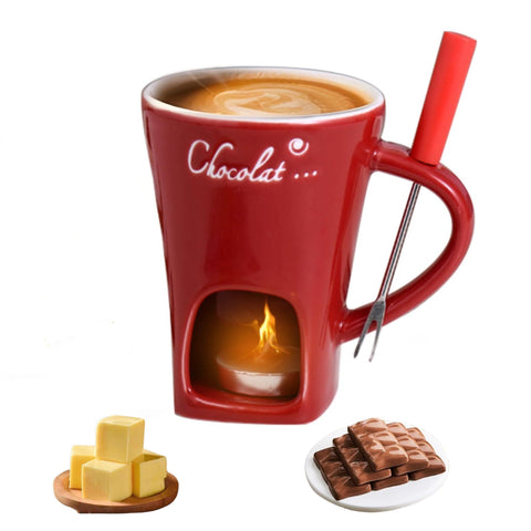 Fondue Cup with forks and tealight for even chocolate melting at home.
