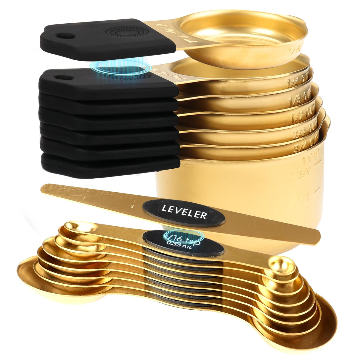 FONYA 16-piece gold measuring set with magnetic cups and spoons for space-saving organization