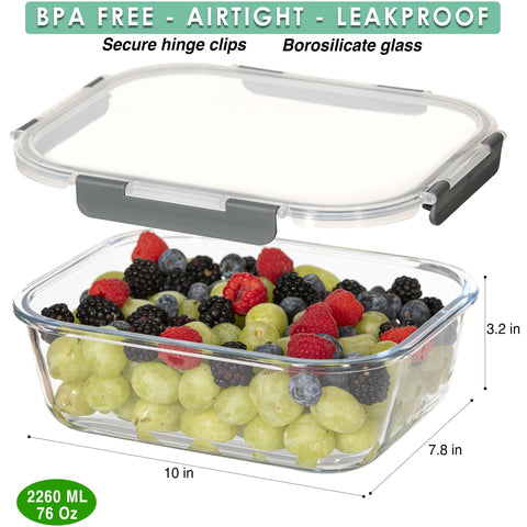 FOOD BOUTIQUE 10-cup glass containers in fridge showing clear contents.