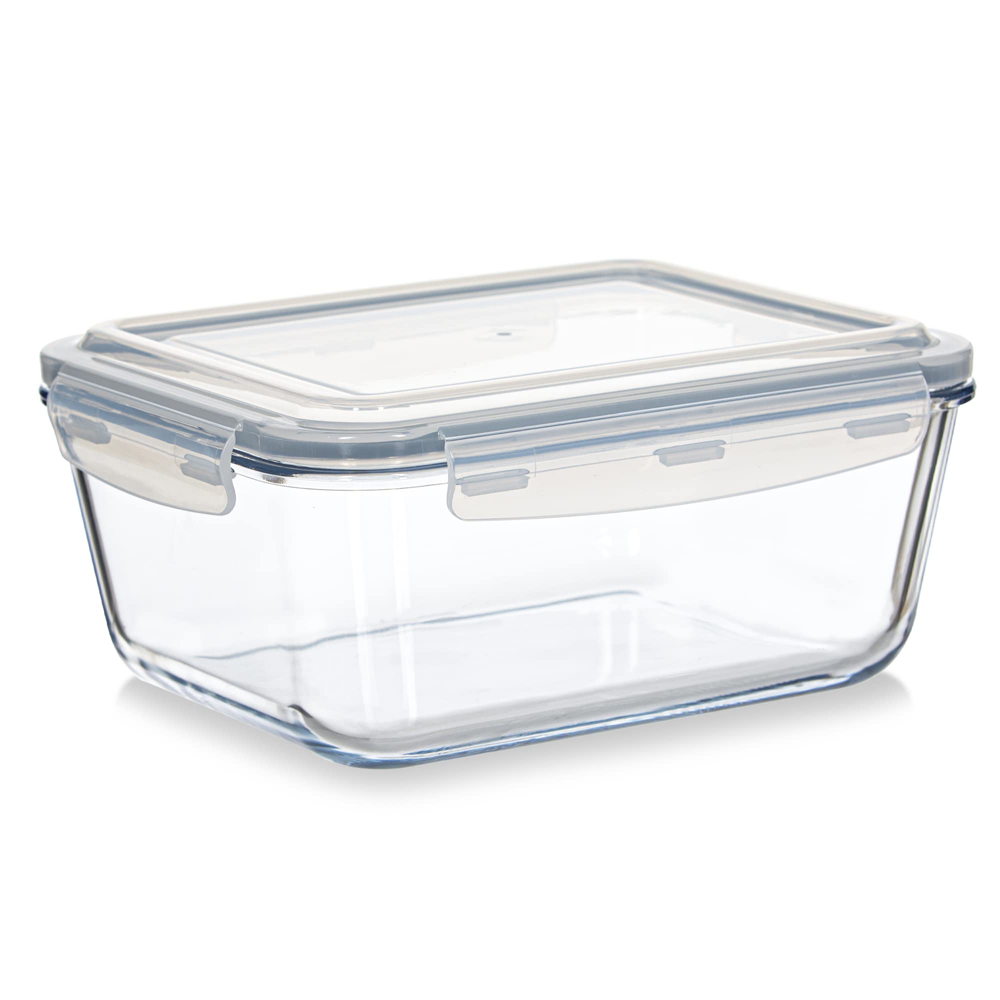 Food Boutique large glass container with hinged lid for secure, leak-proof meal prep.