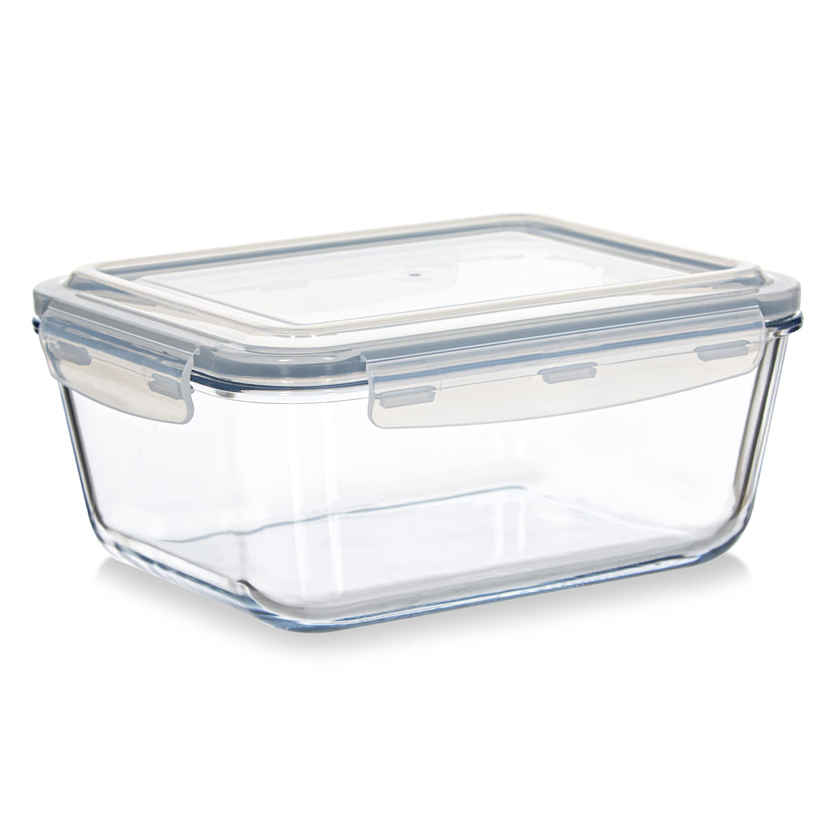 Food Boutique large glass container with hinged lid for secure, leak-proof meal prep.