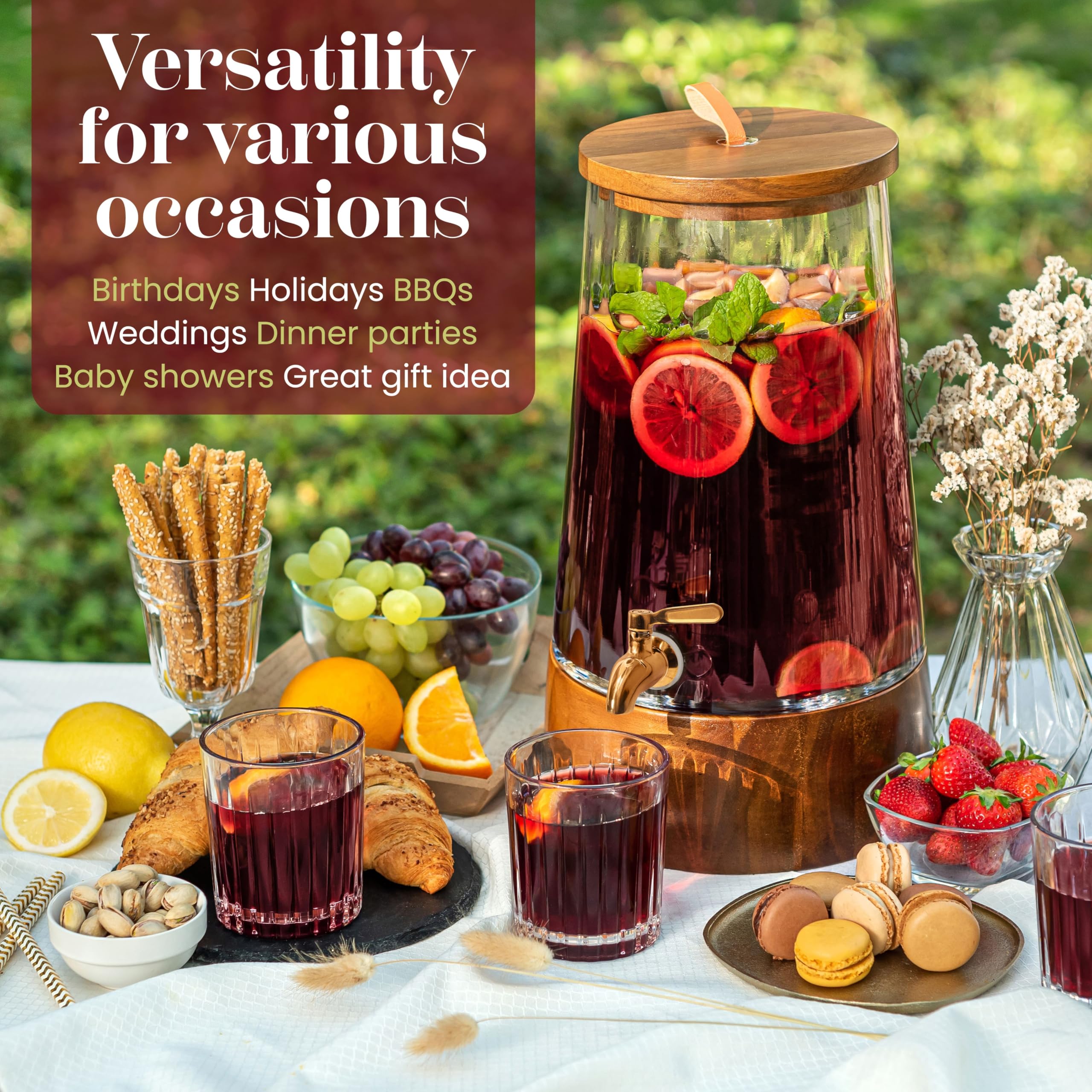 Foodle dispenser stand with acacia wood base elevating the beverage station