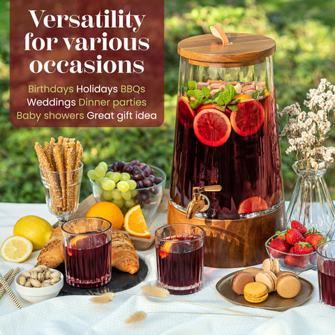 Foodle dispenser stand with acacia wood base elevating the beverage station