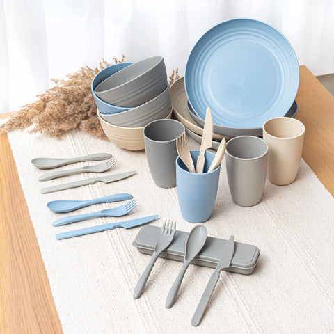 FOODLE Wheat Straw Dinnerware in an RV, compact and microwave-friendly.