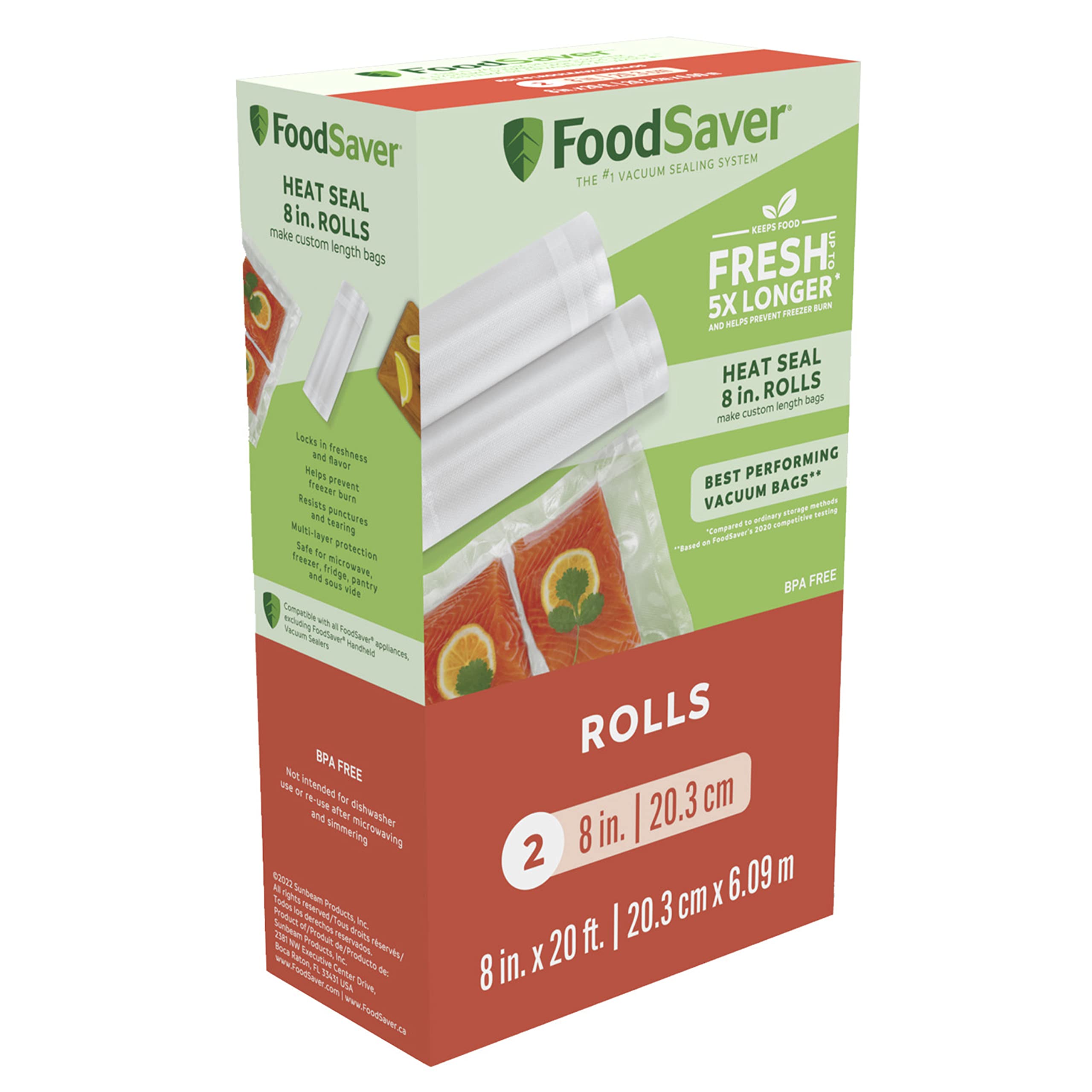 FoodSaver 8inch 20ft roll pack 2 enables custom-length bags for precise portions.