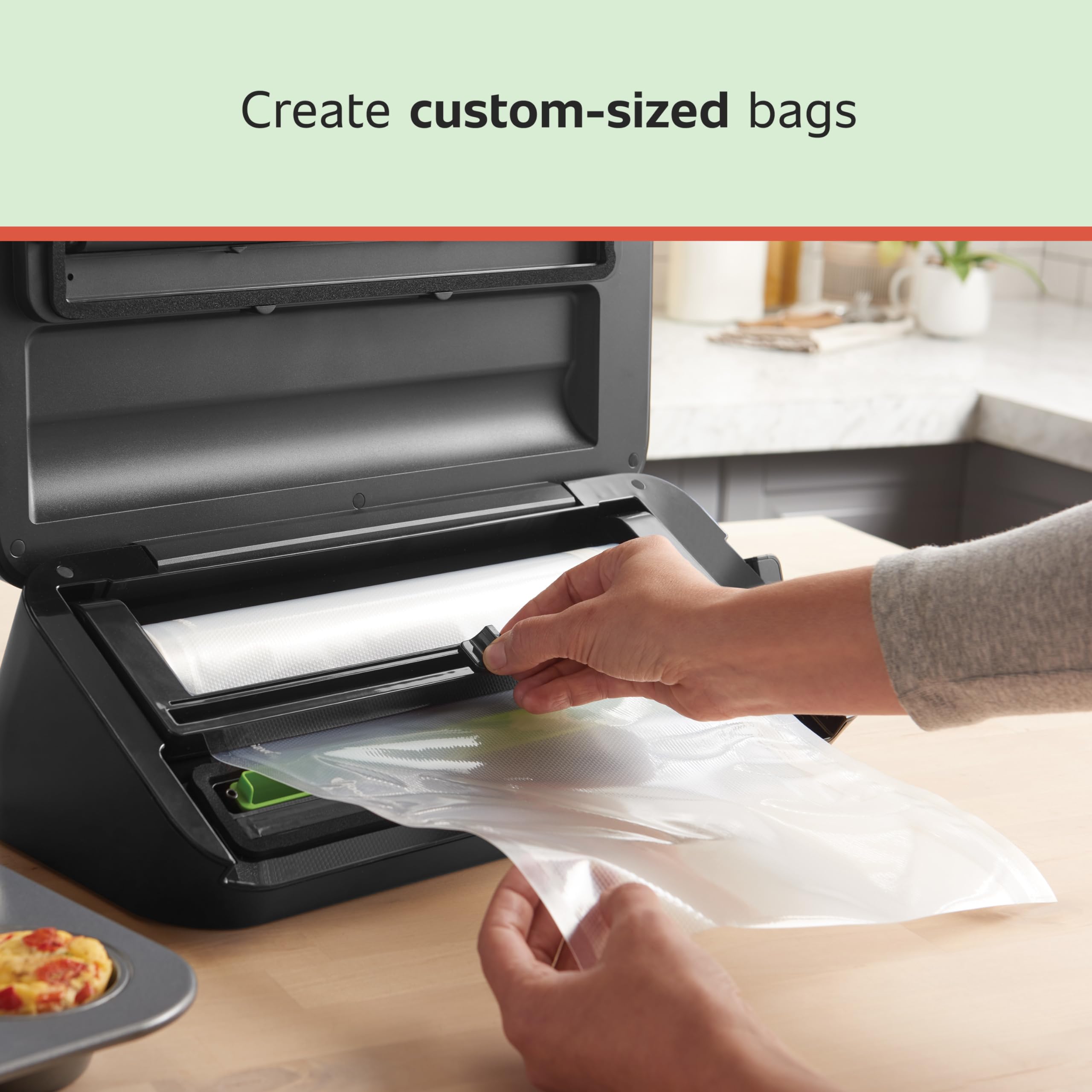 FoodSaver custom-fit bags in use organize portions for quick weeknight meals.