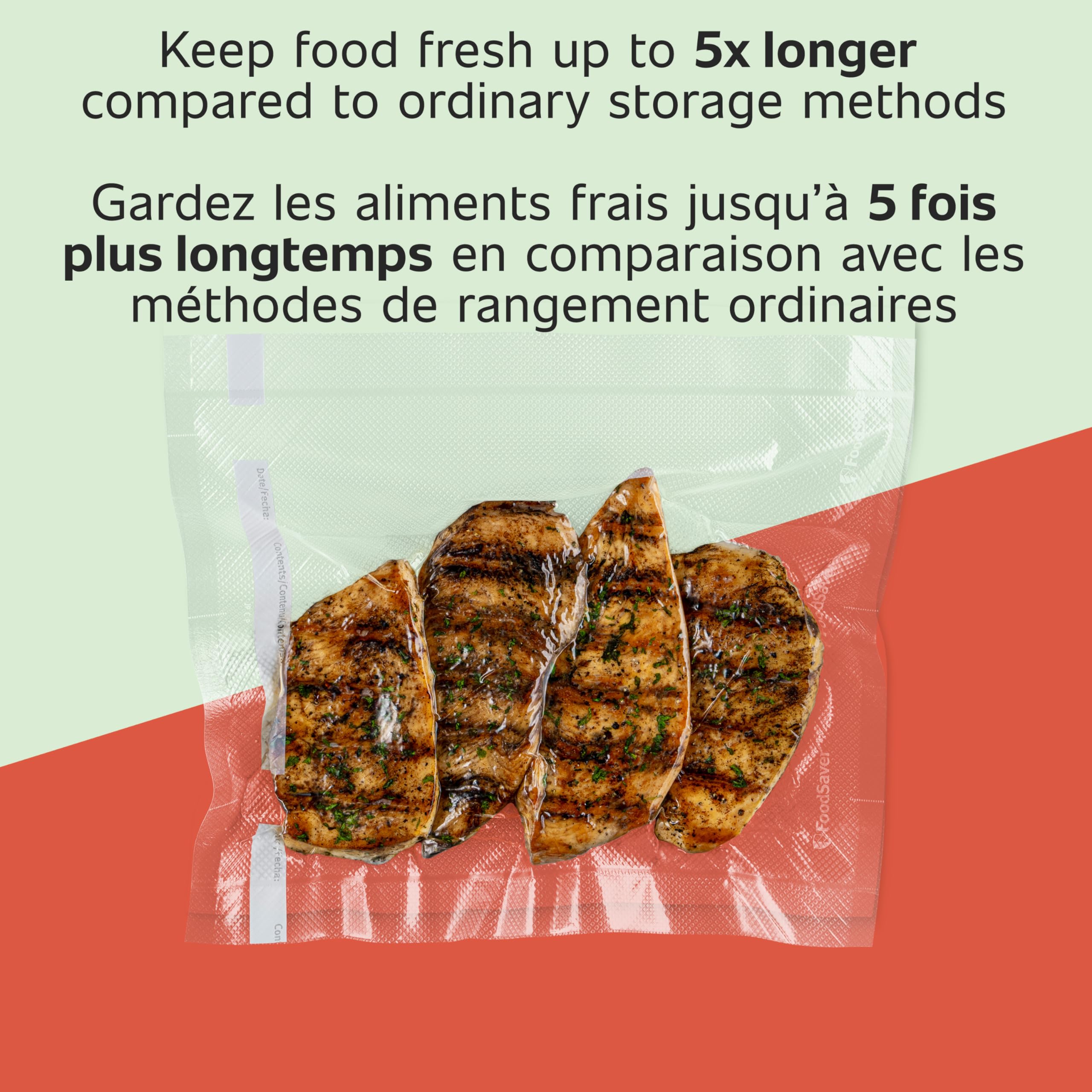 FoodSaver custom-length bags cut to fit different foods for less waste.