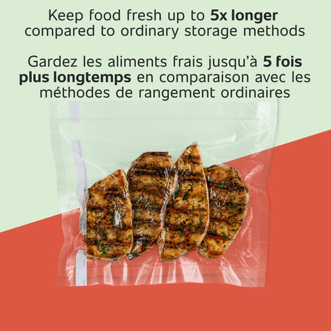FoodSaver custom-length bags cut to fit different foods for less waste.