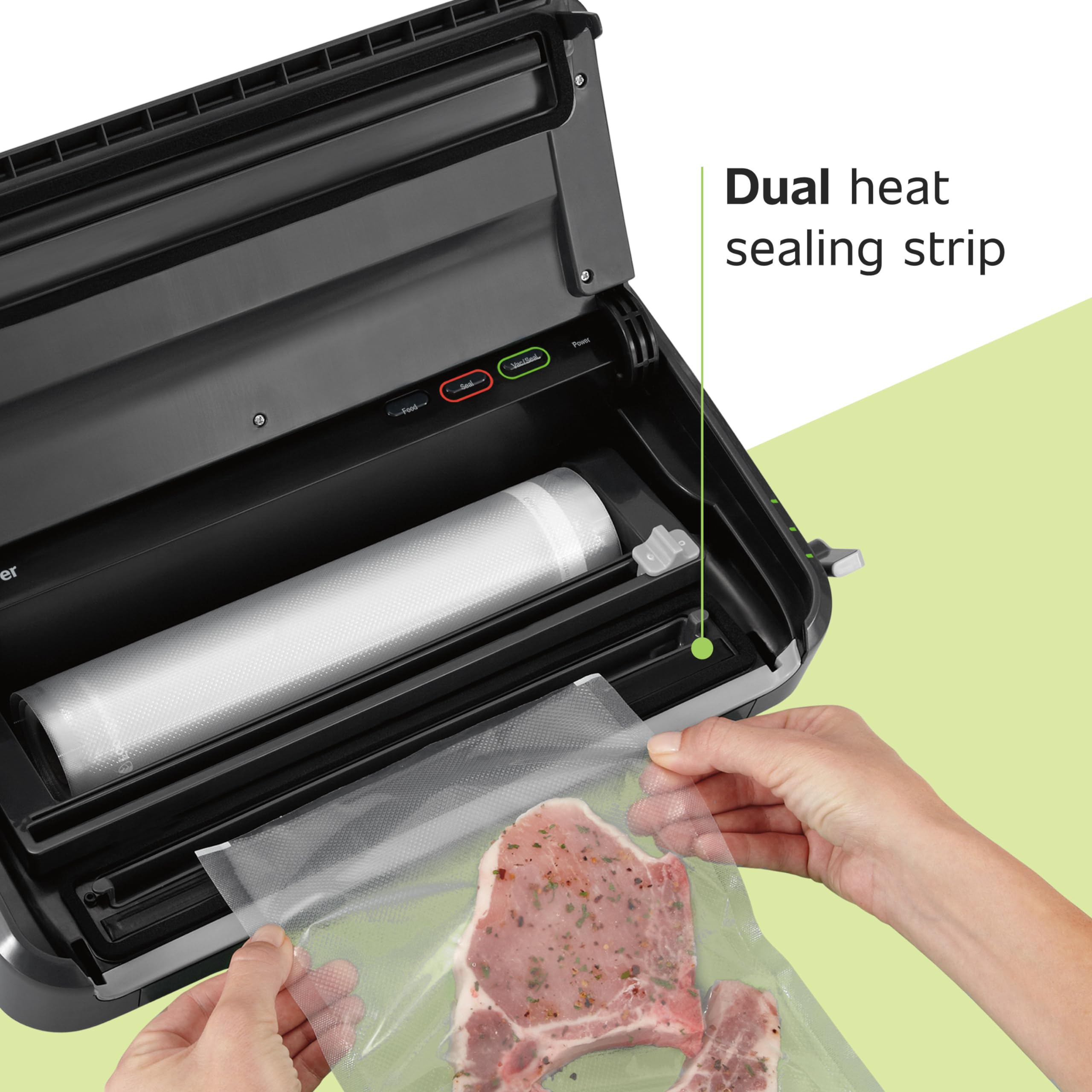 Close-up of dual heat sealing strips delivering airtight seal.