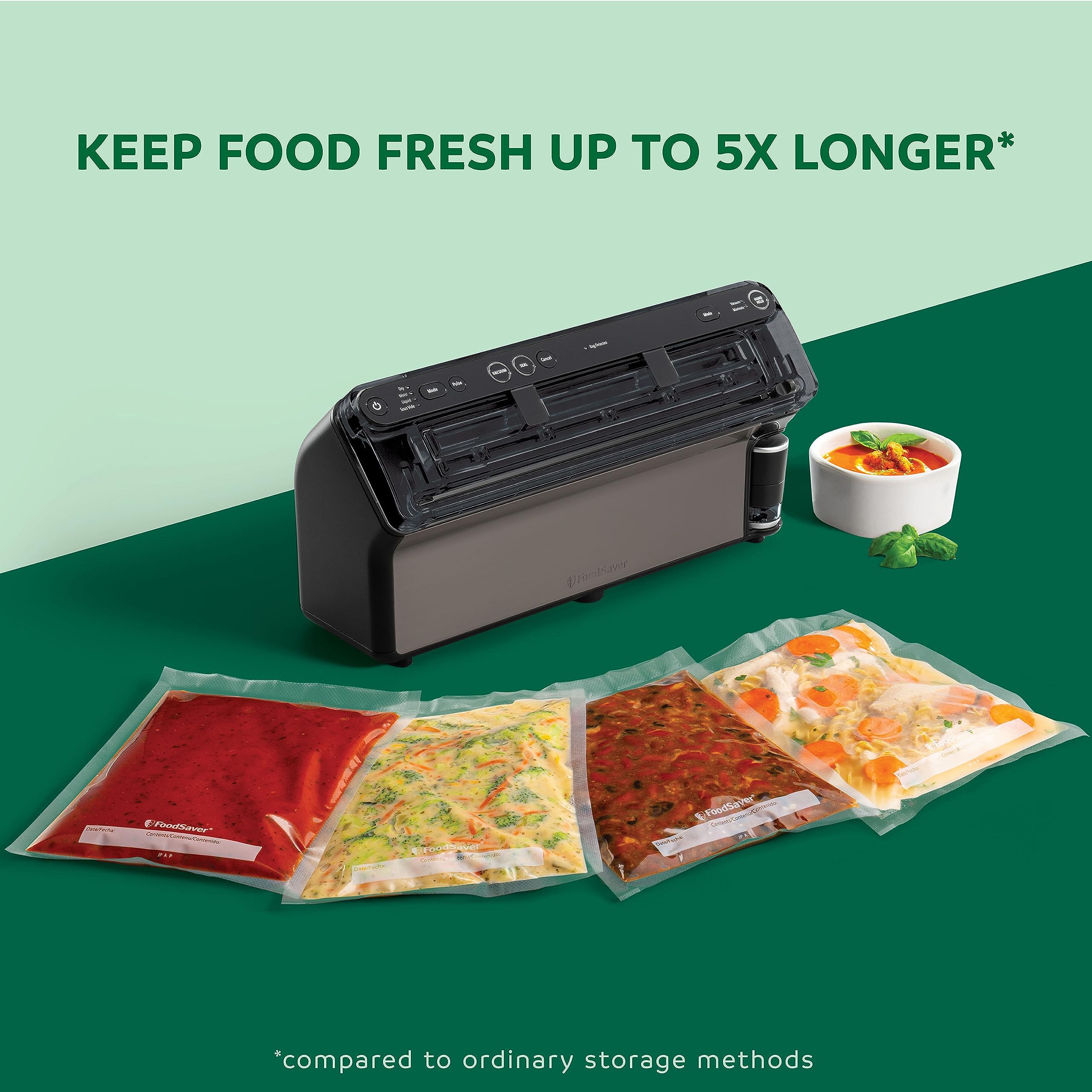 FoodSaver Elite Liquid+ seals liquids like soups to reduce waste.