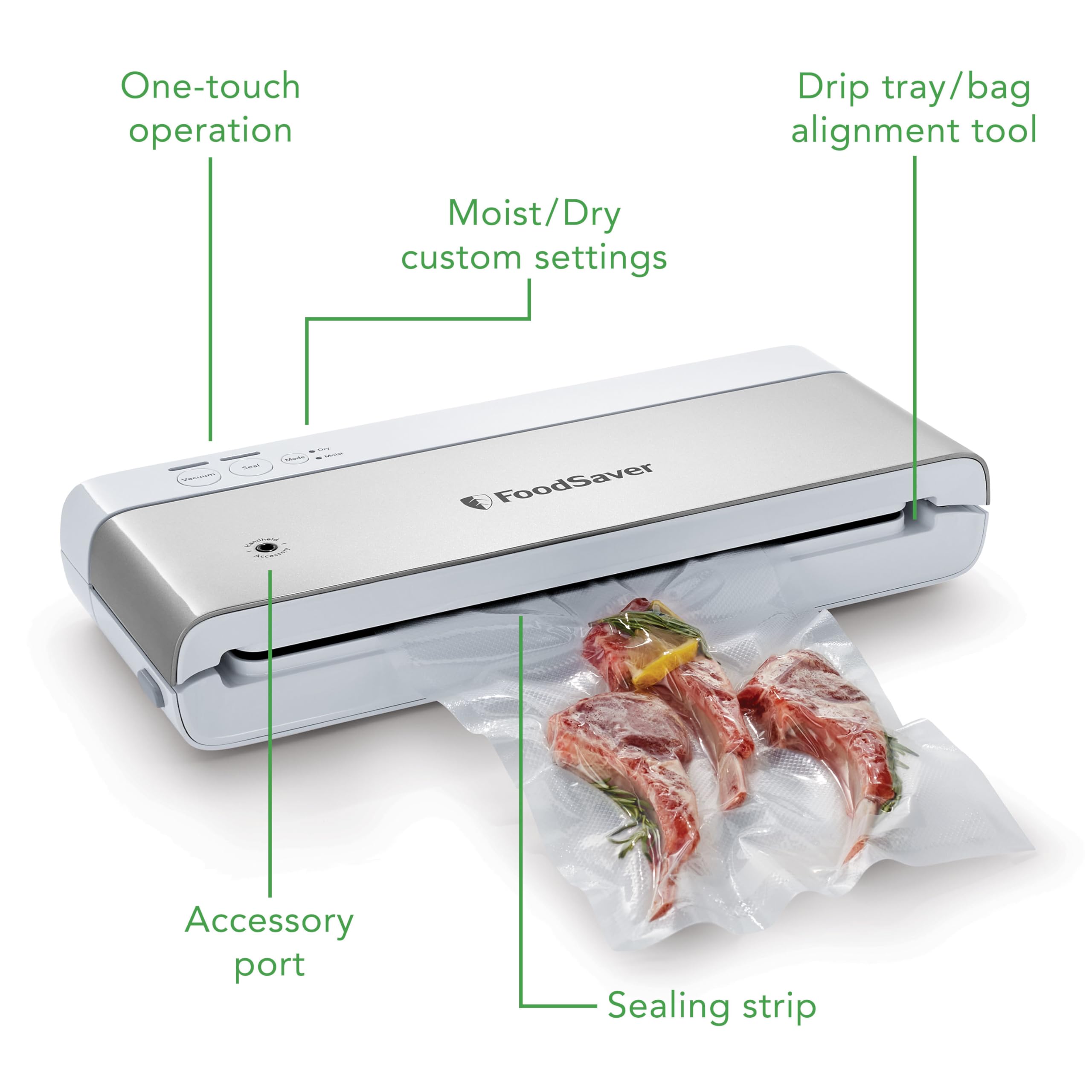 FoodSaver vertical storage design saves counter space on your kitchen counter.