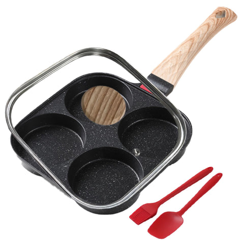 Foorey Home egg pan with lid features four compartments for quick omelettes and pancakes.