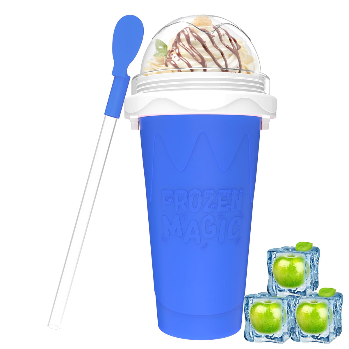 Fopudy slushy maker with blue lid front view for quick at home frozen drinks