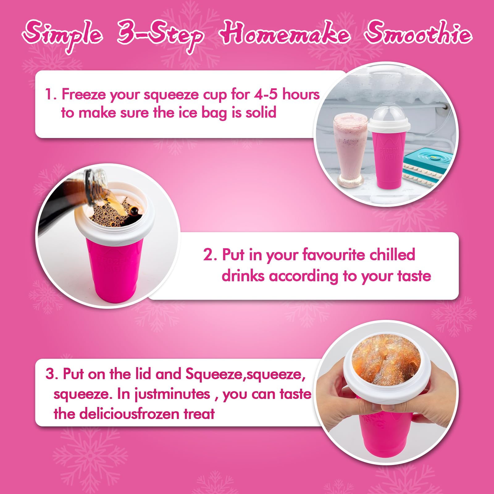 Fopudy Slushy Maker Cup in use shows easy squeezing for smooth drinks.