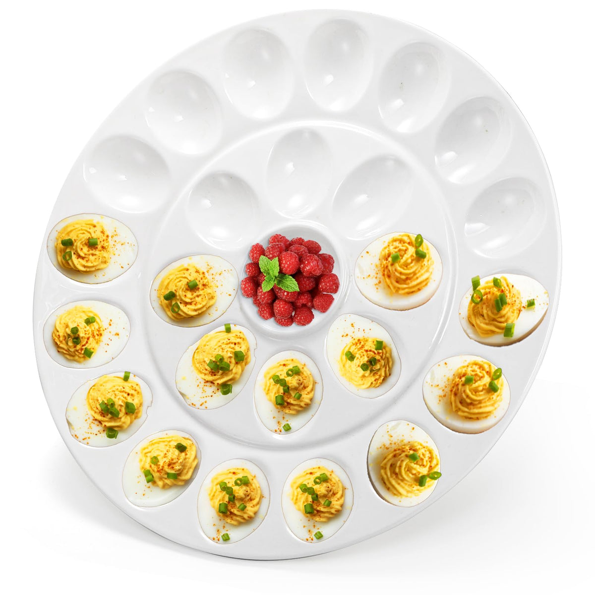 Foraineam deviled egg tray with 24 eggs and center sauce pocket, ideal for entertaining