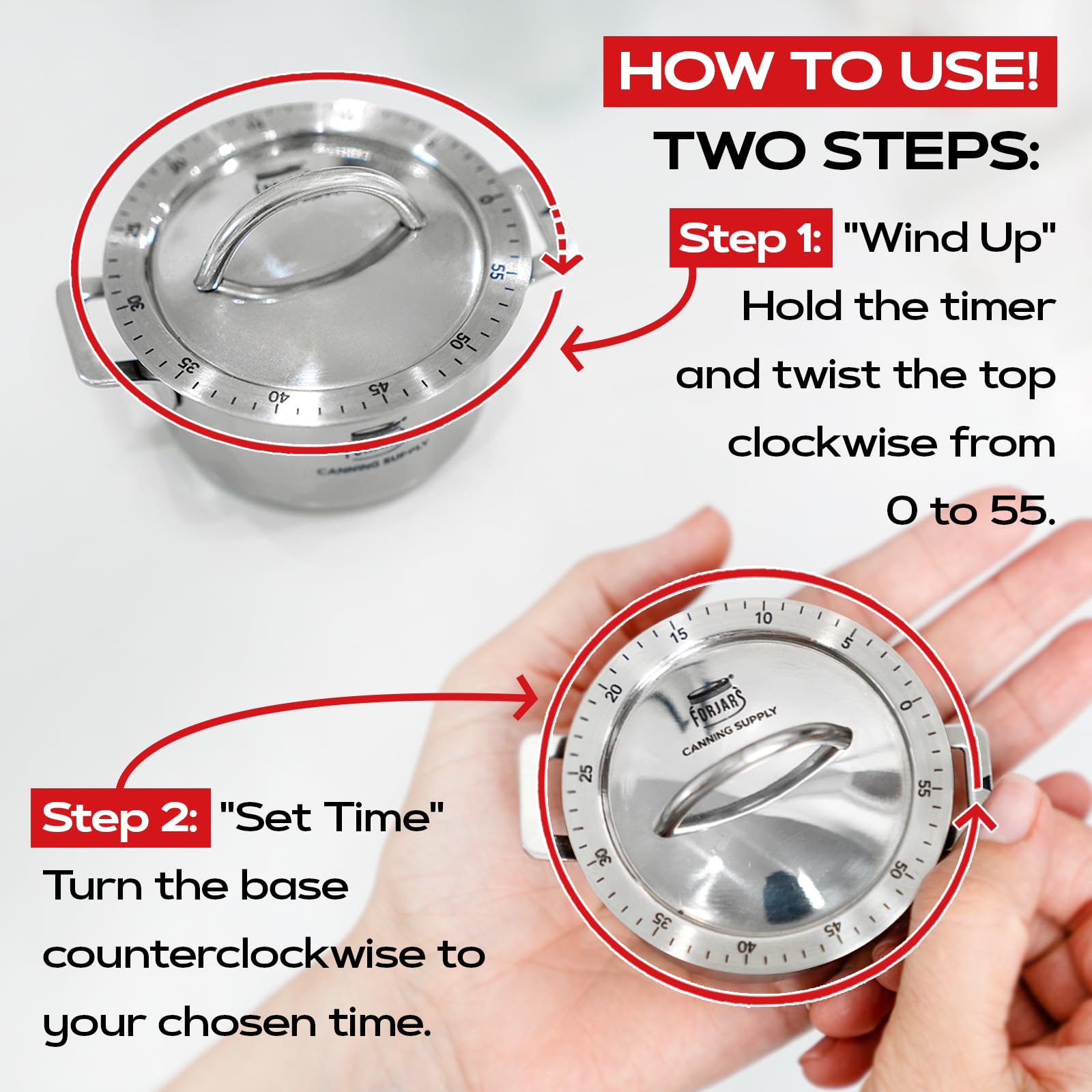 FORJARS wind-up mechanism eliminates batteries for reliable, maintenance-free timing.