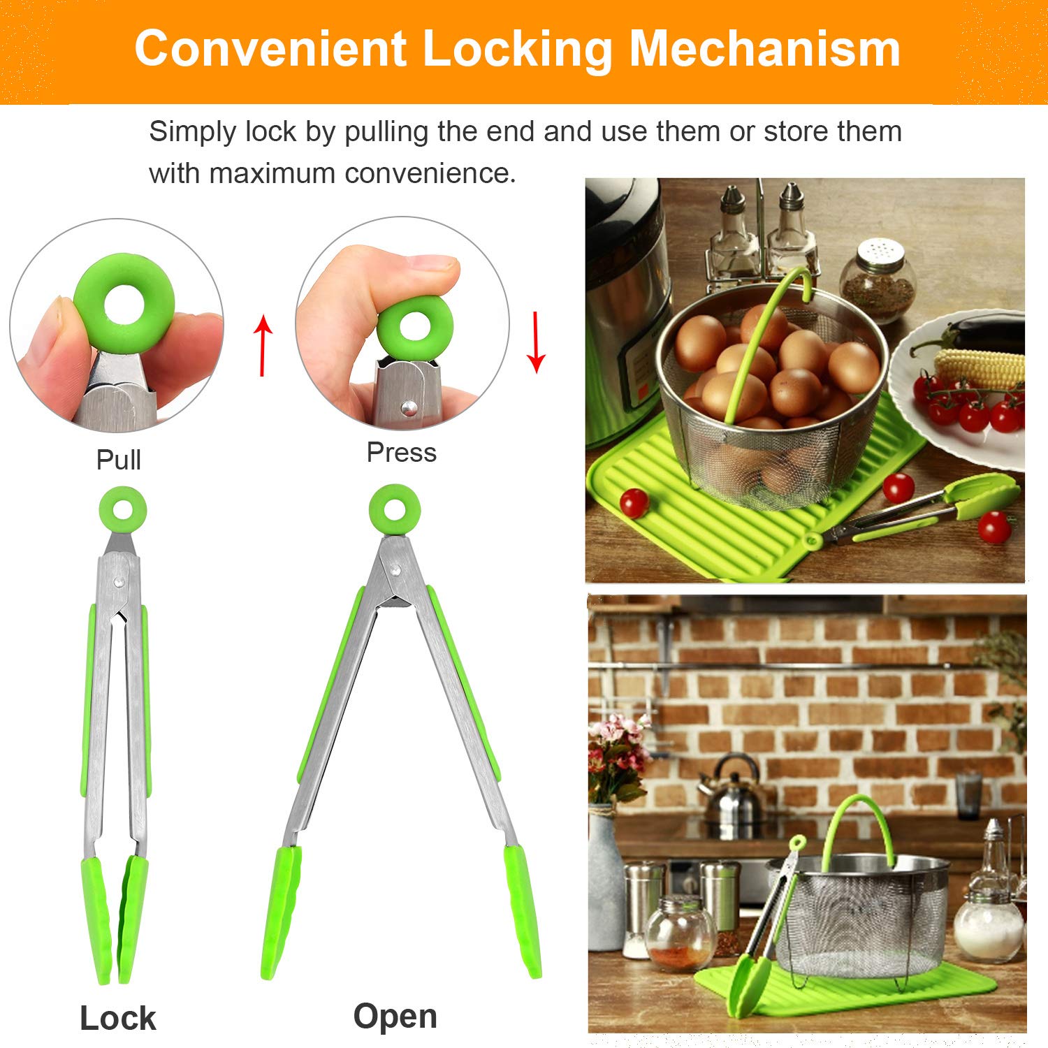 ForTomorrow silicone-tips tongs demonstrating secure grip on nonstick cookware