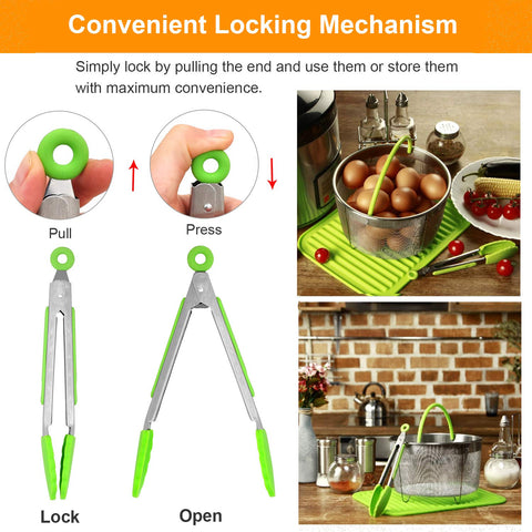 ForTomorrow silicone-tips tongs demonstrating secure grip on nonstick cookware