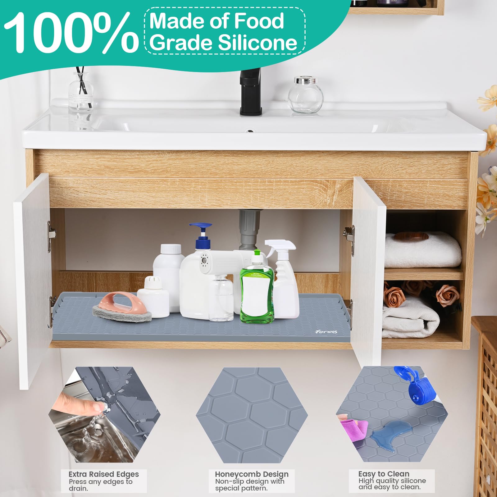 ForWOS grey mat cleans easily with damp cloth and mild soap.