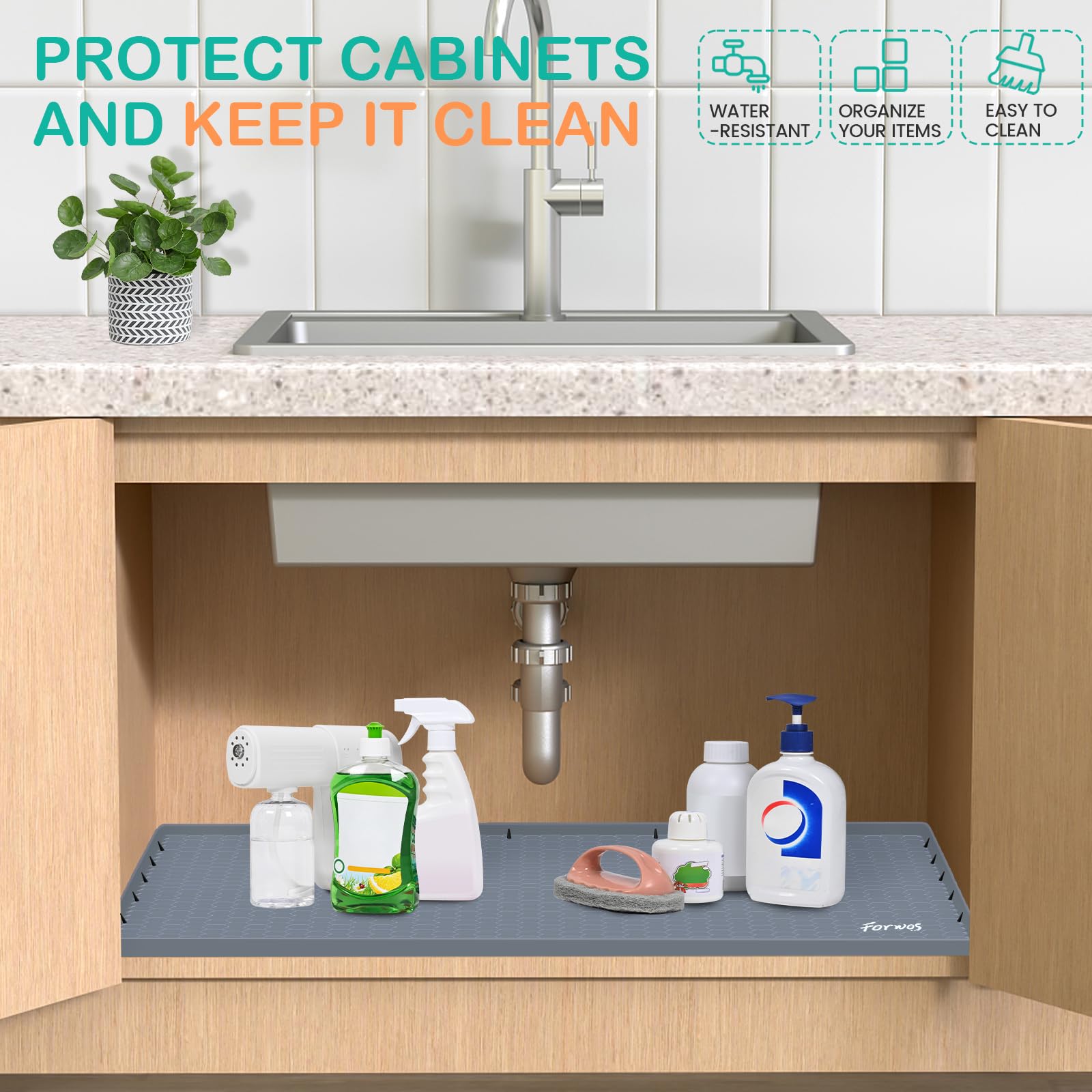 ForWOS flexible silicone cabinet mat fits snugly under sinks and counters.