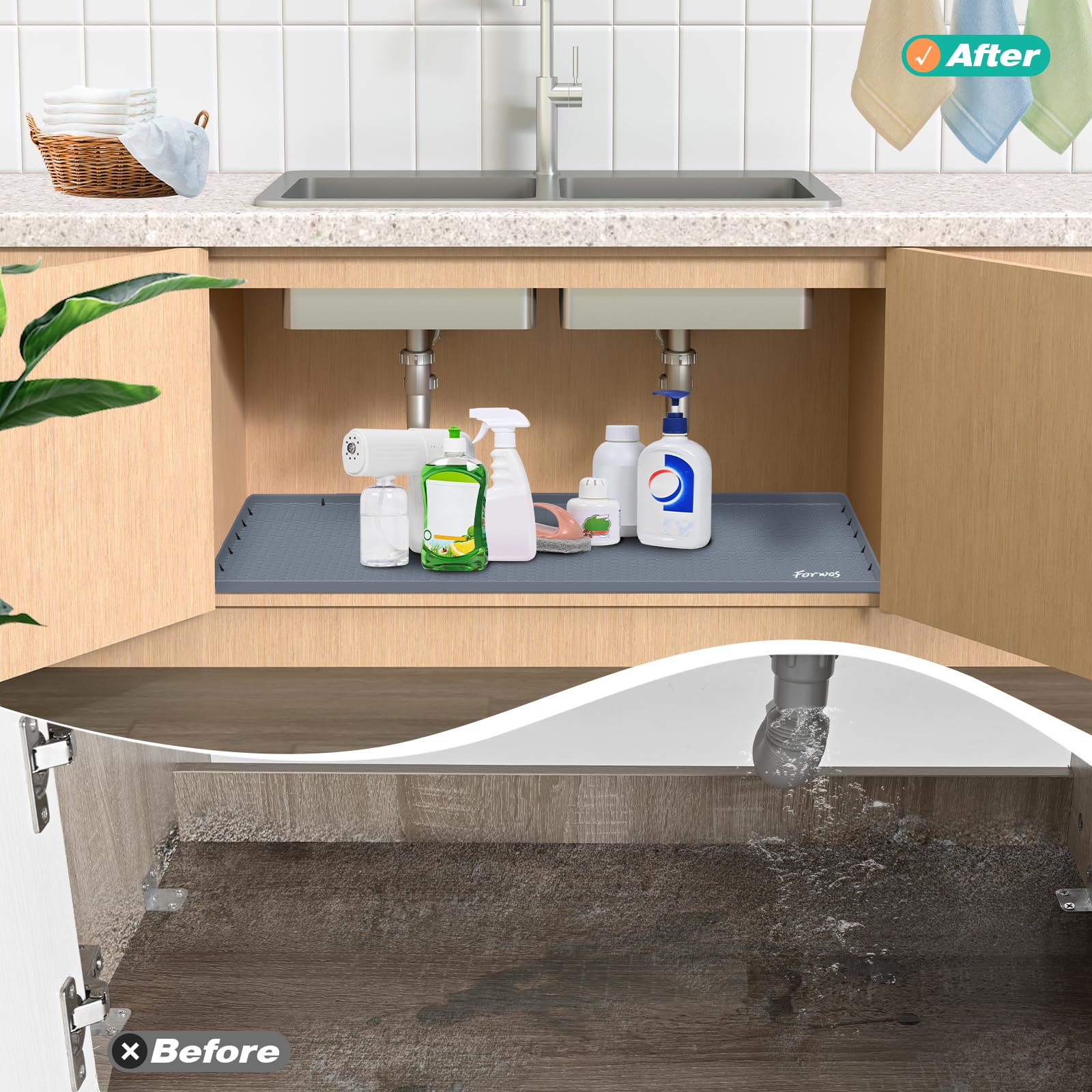 ForWOS under-sink mat keeps spaces organized and dry.