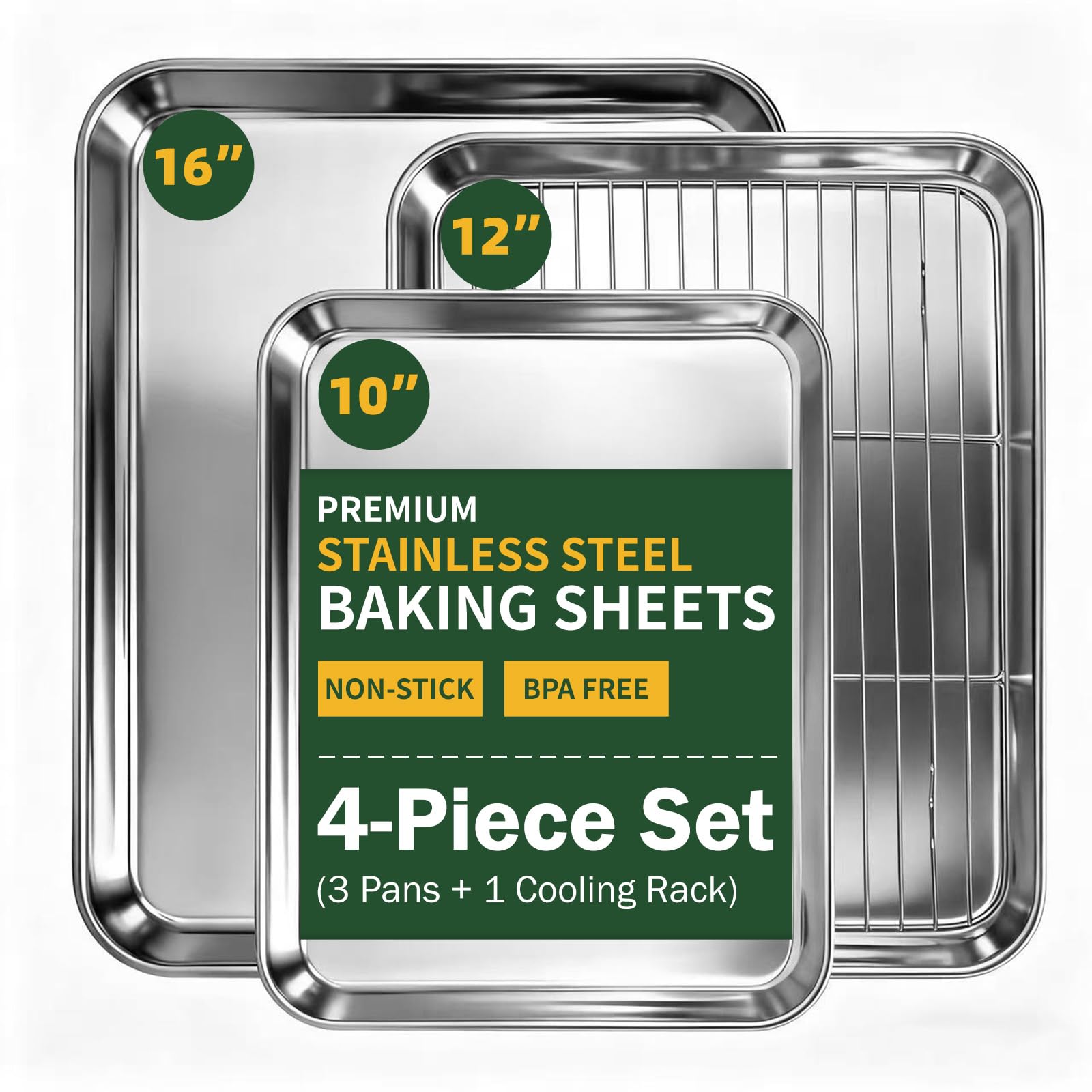 Four-piece baking sheet set with 10-inch pan for even baking and roasting