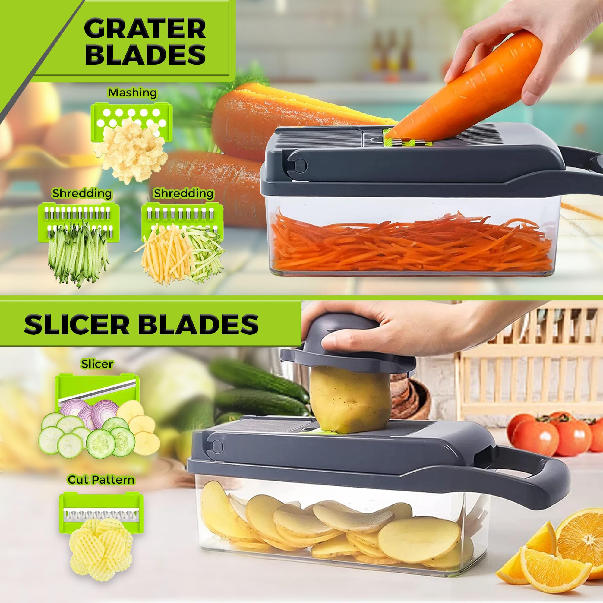 Fourteen Homes mandoline slicer for uniform, quick slices.