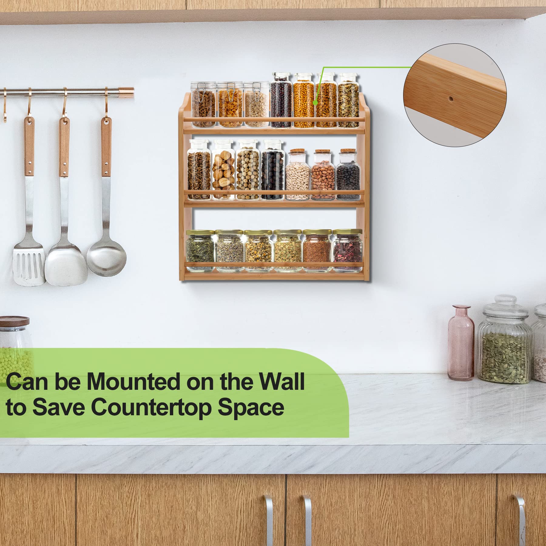 FoverOne bamboo spice rack on counter demonstrates easy, ready-to-use storage