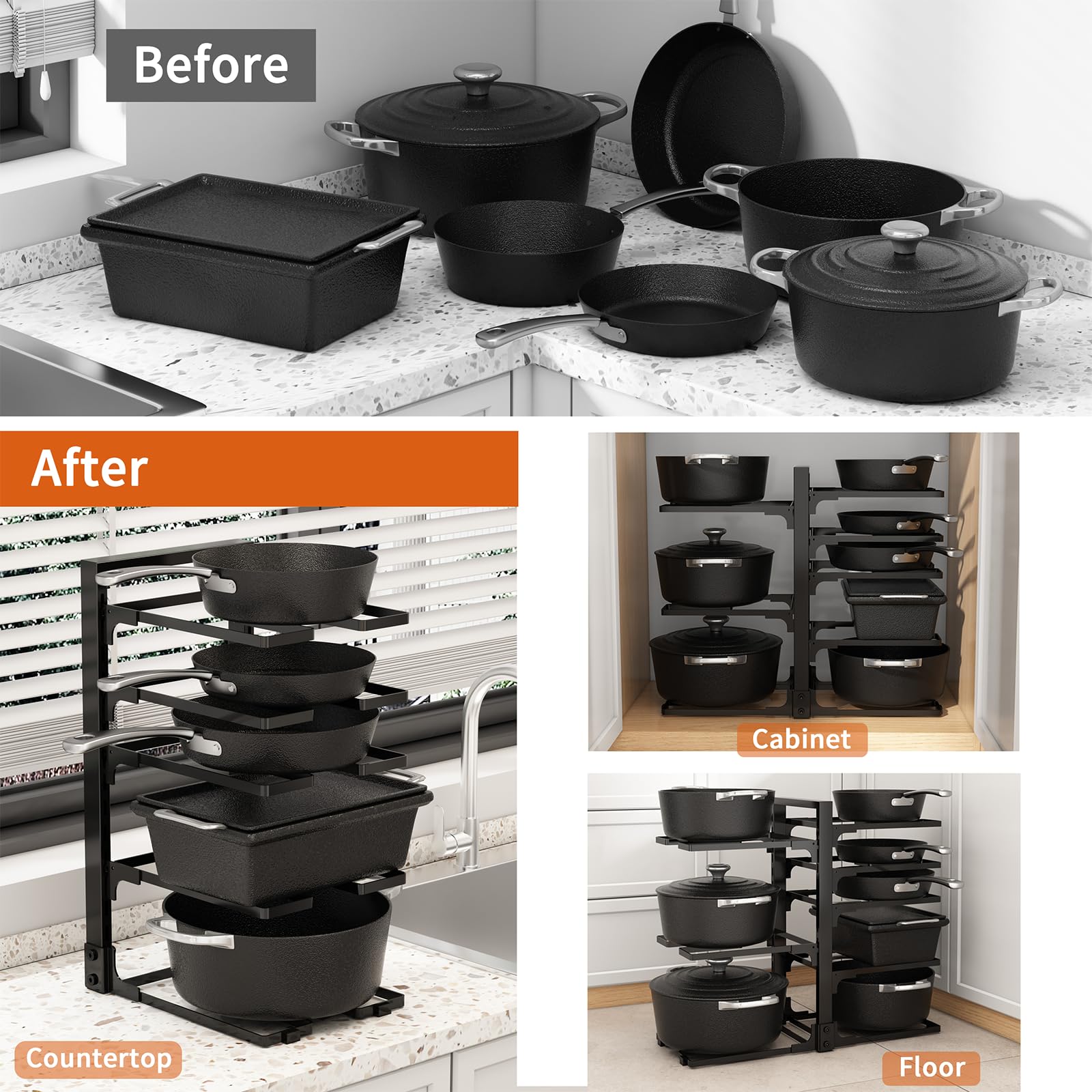 Fovkdcvw 8-tier design improves accessibility to pots, pans, and lids.