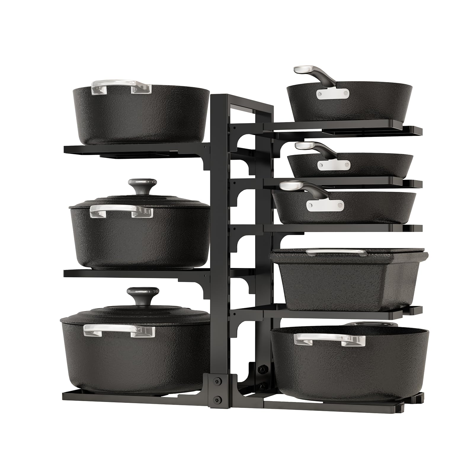 Fovkdcvw under-cabinet 8-tier organizer keeps pots neatly stacked and accessible.