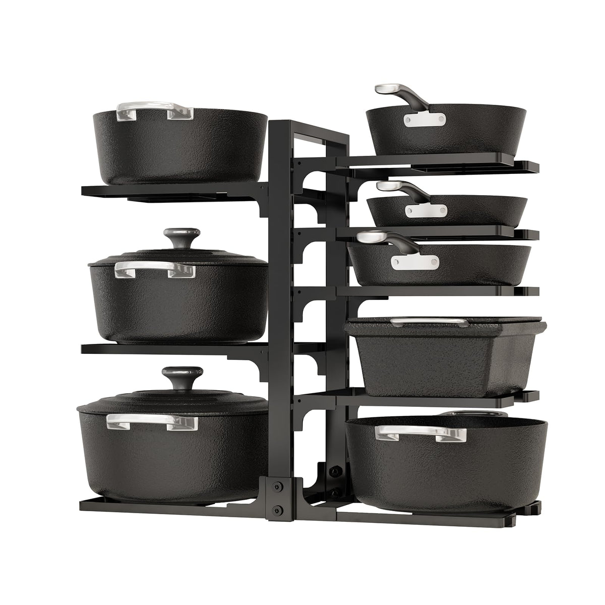 Fovkdcvw under-cabinet 8-tier organizer keeps pots neatly stacked and accessible.
