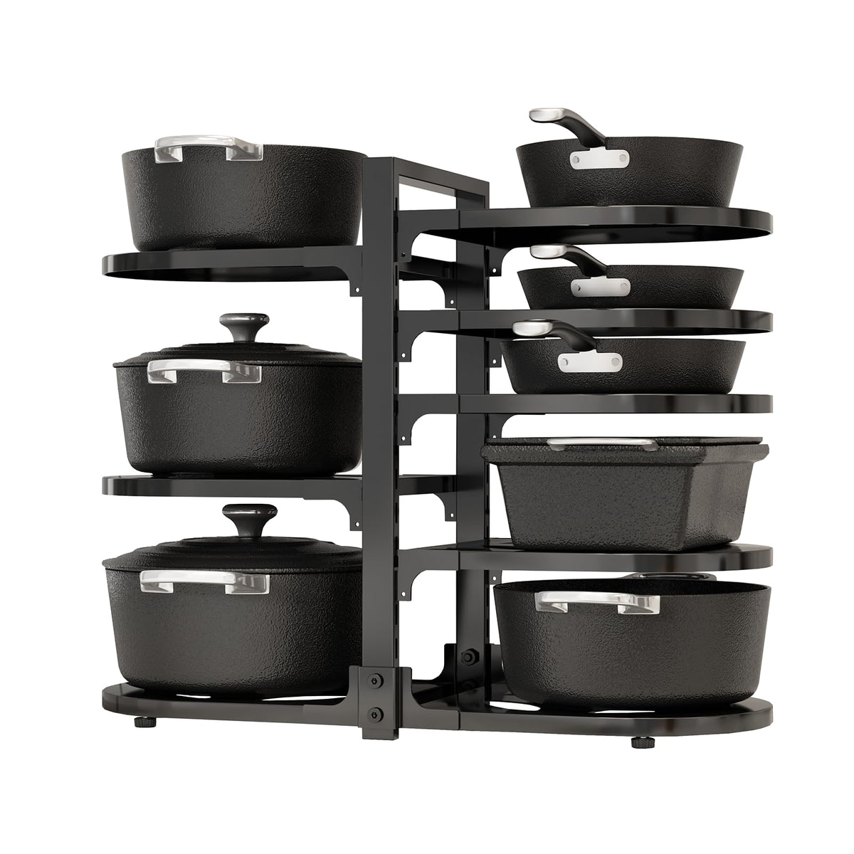 Fovkdcvw under-cabinet 8-tier organizer keeps heavy cookware within reach.