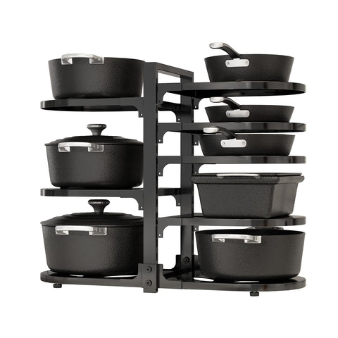 Fovkdcvw under-cabinet 8-tier organizer keeps heavy cookware within reach.