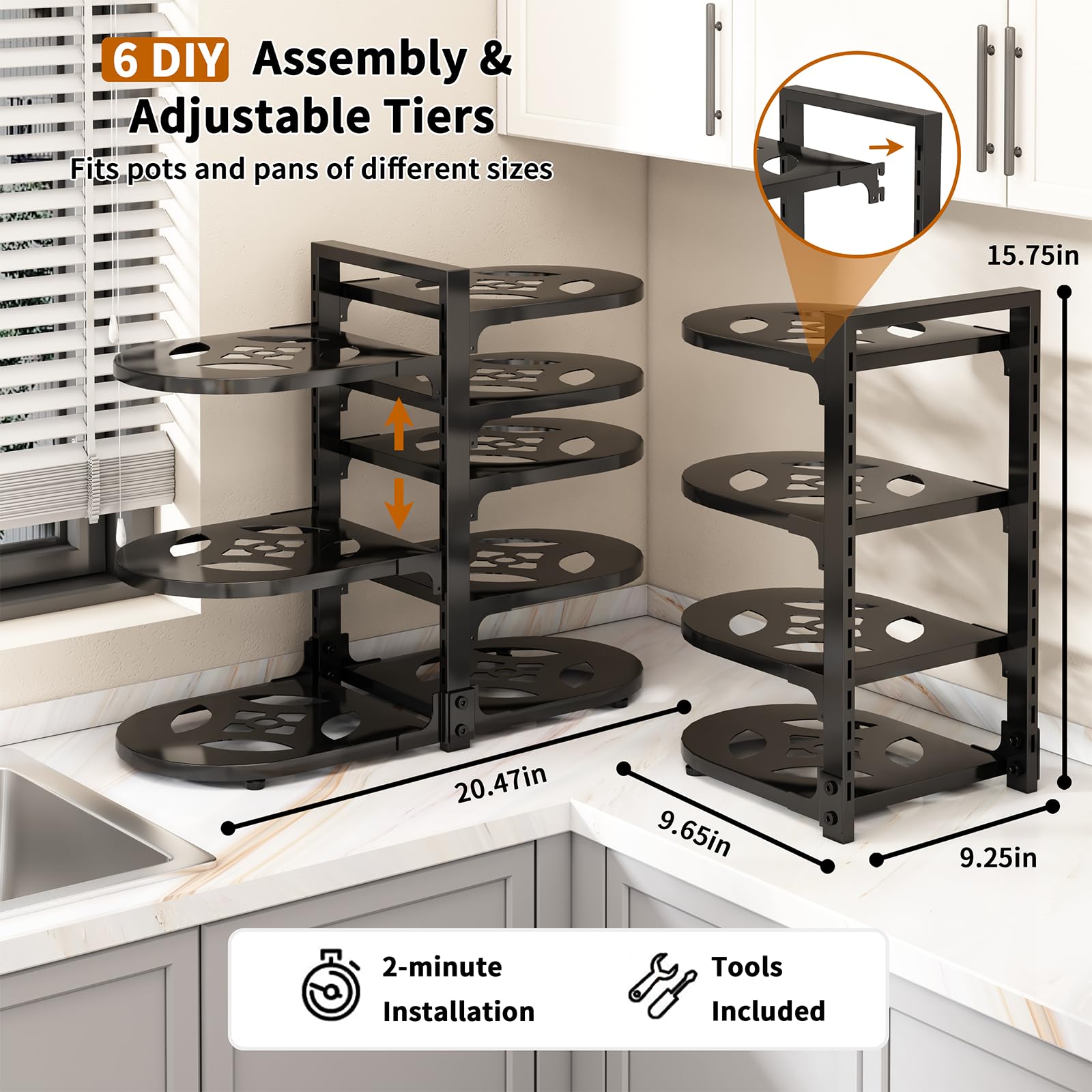 Adjustable tier heights on the Fovkdcvw organizer fit large and small pots.