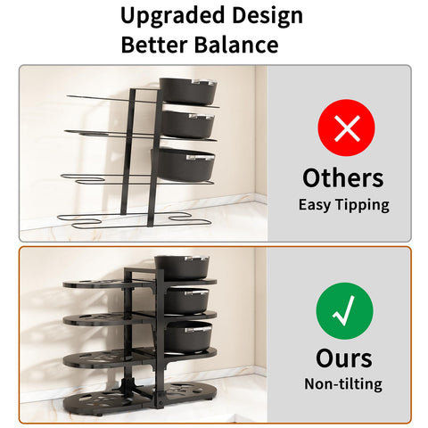 8-tier structure neatly stores cast iron, Dutch ovens, and ceramic pans.