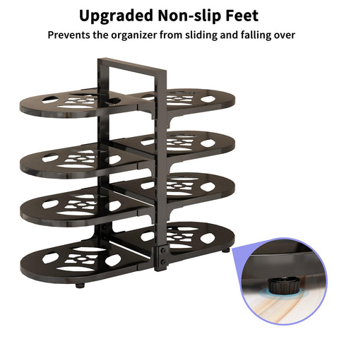 Maximizes cabinet space by organizing lids, pots, and pans efficiently.