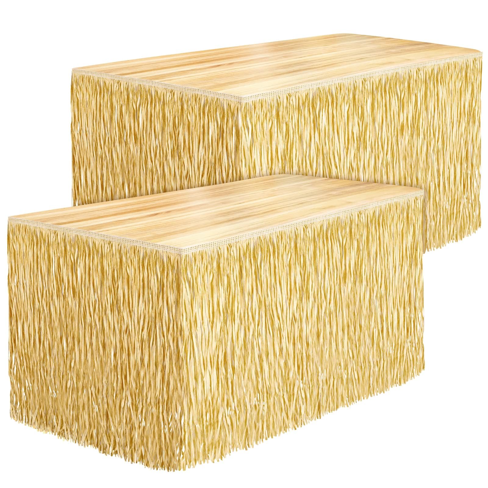 Fovths luau grass table skirt 108x30 shows hibiscus-inspired fringe for tropical table decor.
