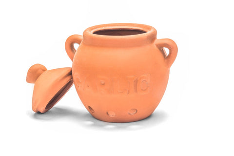 Fox Run garlic keeper features a garlic shaped handle for easy access.