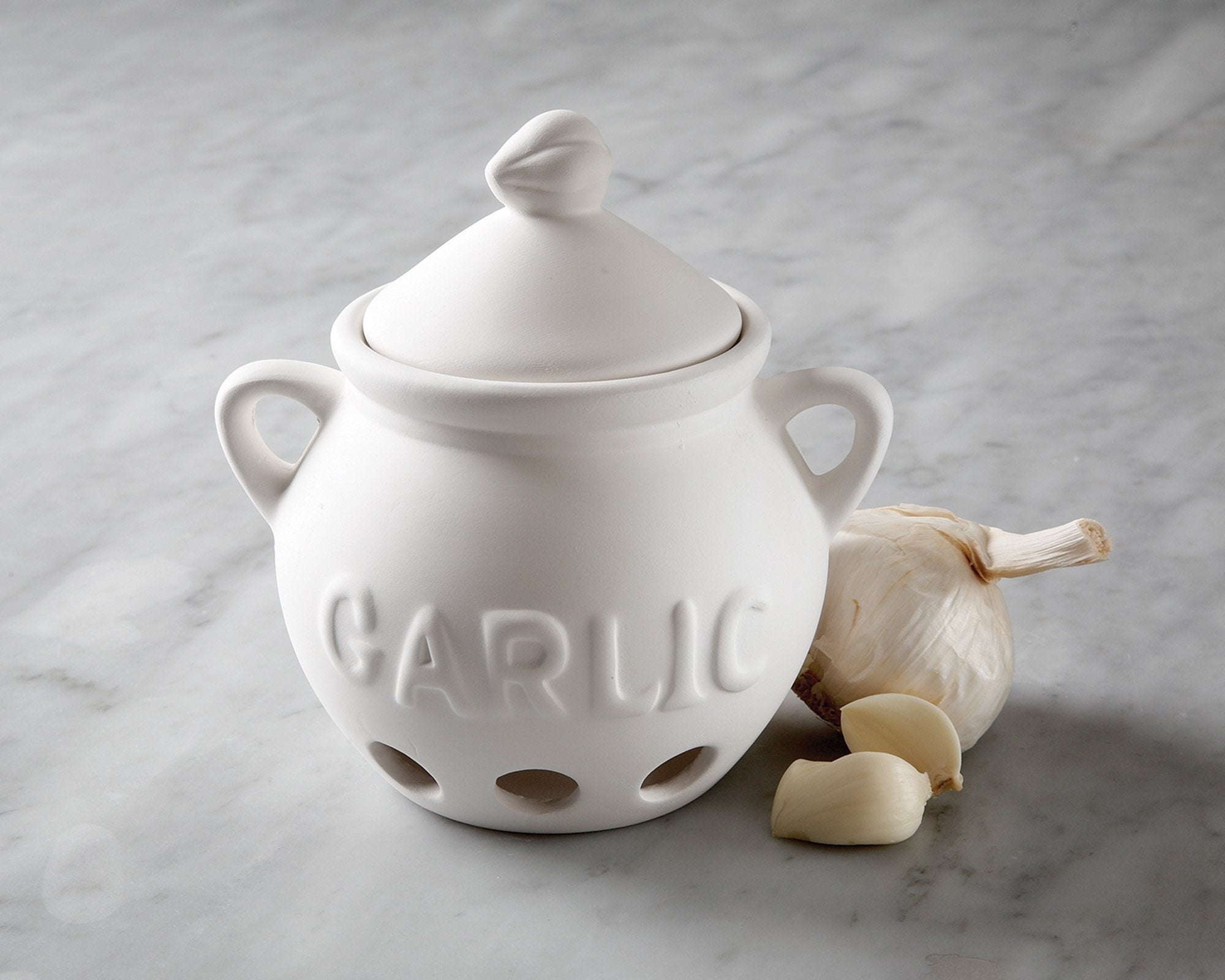 Fox Run garlic keeper moisture-absorption feature helps keep garlic dry.