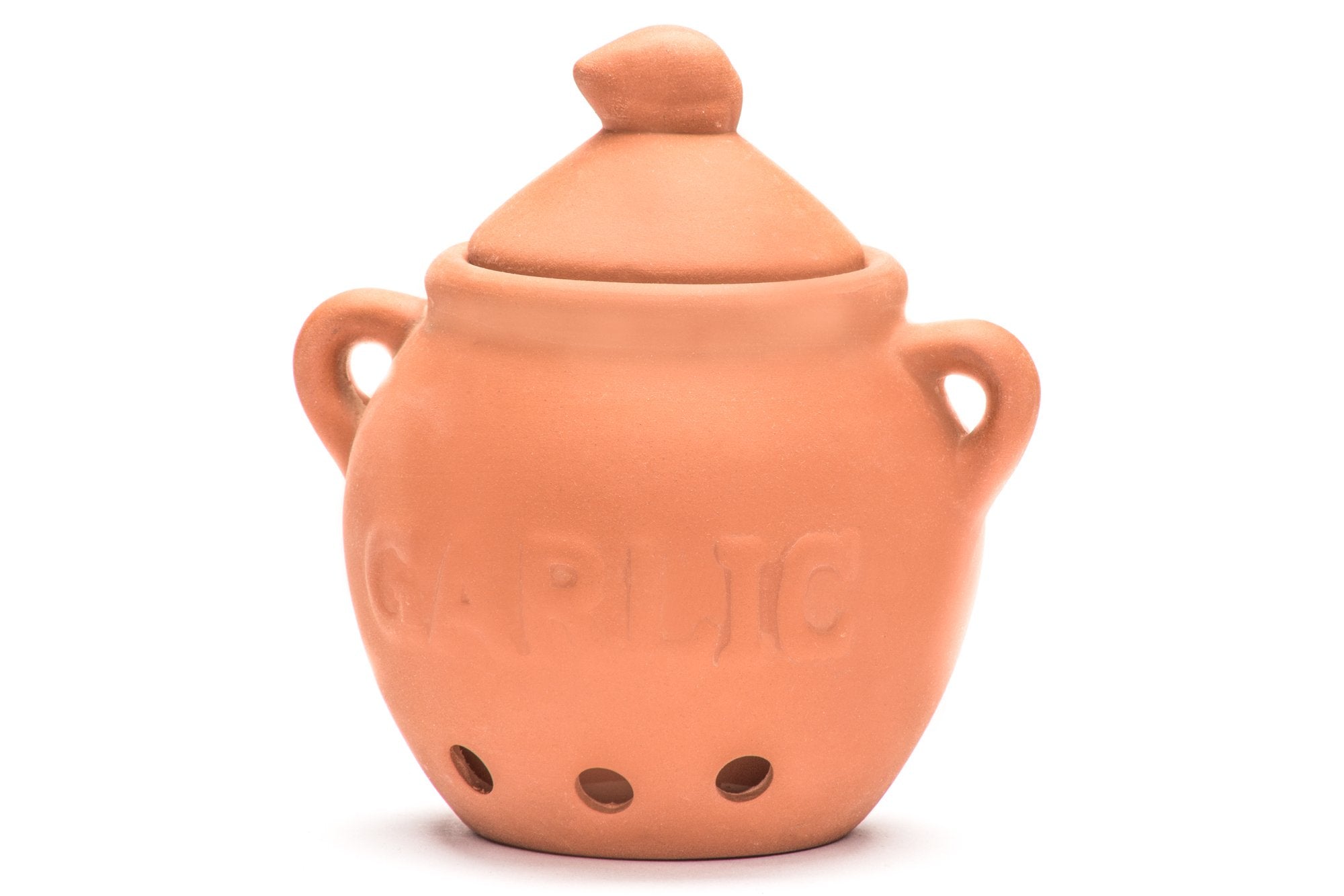 Fox Run garlic keeper terra cotta red with porous walls preserves freshness.