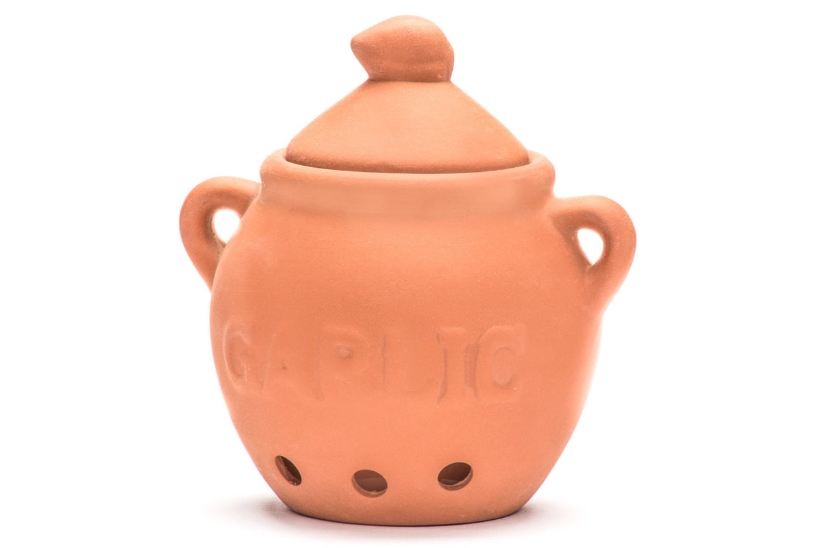 Fox Run garlic keeper terra cotta red with porous walls preserves freshness.