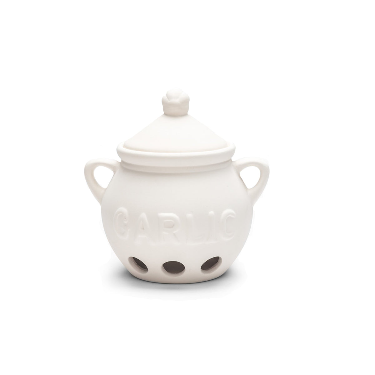 Fox Run garlic keeper front view highlights white ceramic design for organized garlic storage.