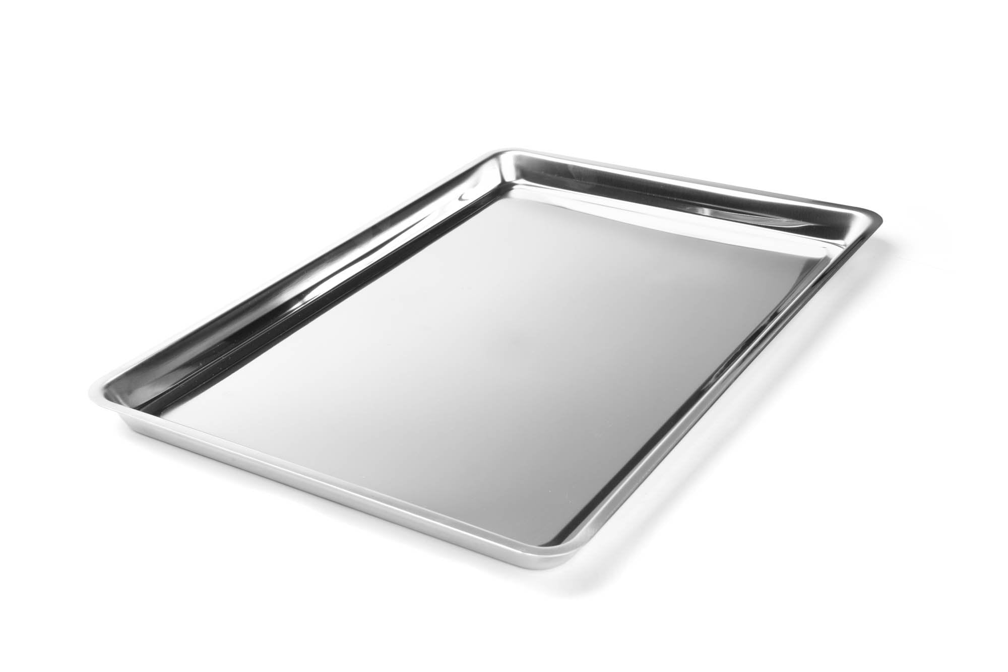 Fox Run jelly roll pan outer view in stainless steel, durable and warp-resistant.