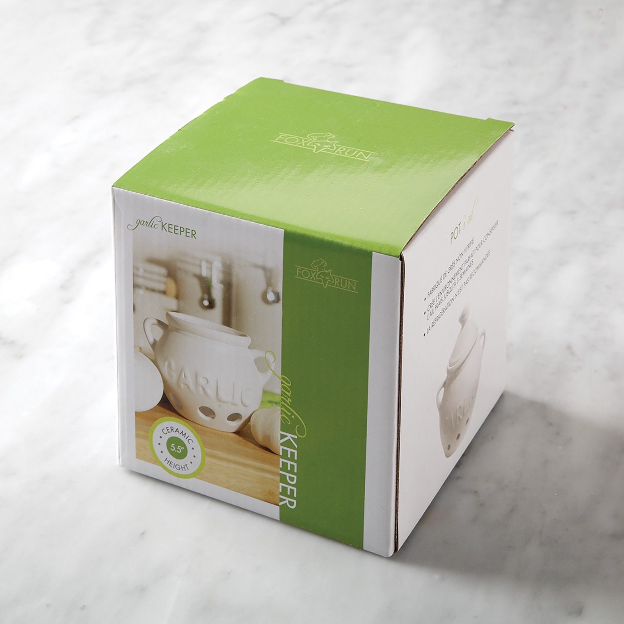Fox Run kitchen setup with garlic keeper in white ceramic complements any counter.